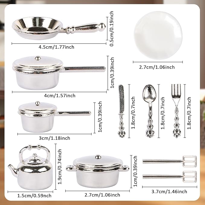 26 Pieces Dollhouse Miniatures Kitchen Set Metal Miniature Baking Set Include Mini Pots Mini Pans Plates Knife Fork Spoon for Dollhouse Party Decoration Supplies