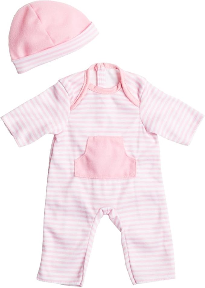 JC Toys | Berenguer Boutique | La Baby Doll Outfit | 2 Piece Light Pink Striped Onesie|Washable| Ages 2+ | Fits Dolls 14"- 18"
