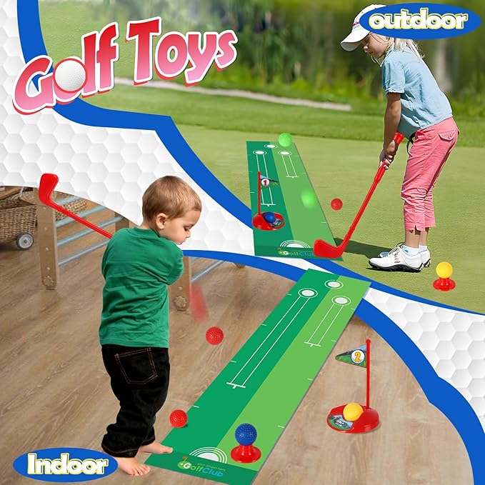 SUPER JOY Toddler Golf Set with Mat, Kids Golf Cart with 4 Clubs & 8 Balls, Indoor Outdoor Golf Toys for Boys Girls, Mini Golf Birthday Gifts for Baby 3-5 Years Old