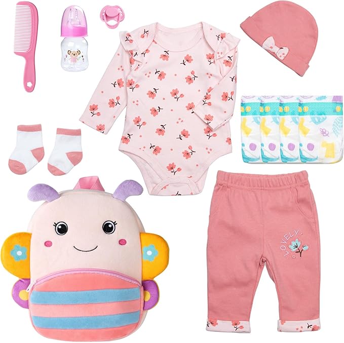 12 Pcs Reborn Baby Doll Clothes Floral Outfits for 17-22 Inch Reborn Dolls Girl with Backpack and Soft Diapers Babydoll Accessories