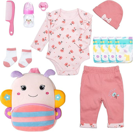 12 Pcs Reborn Baby Doll Clothes Floral Outfits for 17-22 Inch Reborn Dolls Girl with Backpack and Soft Diapers Babydoll Accessories