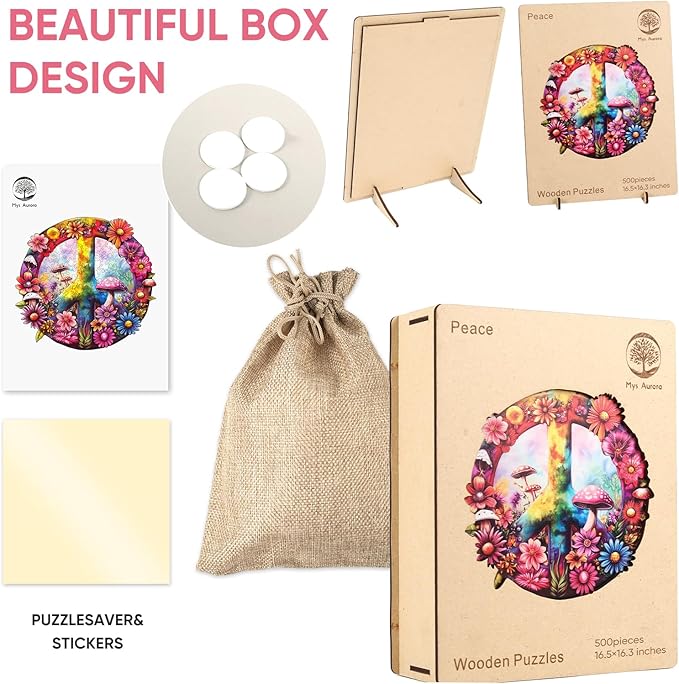 Mys Aurora Wooden Puzzles for Adults 500 Pieces, 5MM Thick Peace Jigsaw Puzzles, Unique Shape for Adults and Kids Birthday Gifts Family Puzzle Game, 16.4 x 15.1 Inches