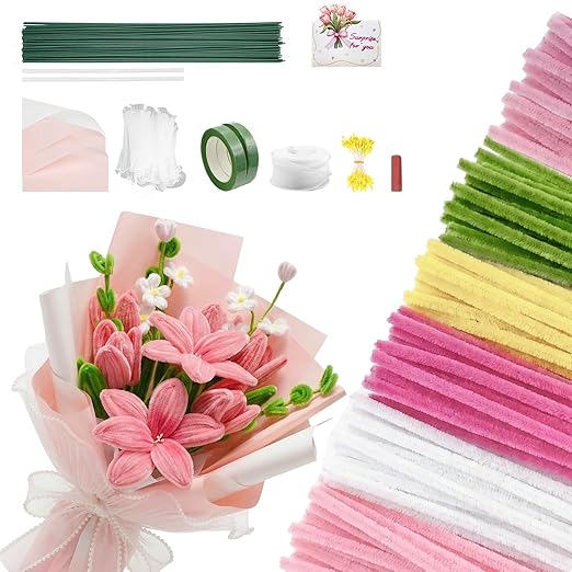 600 PCS Pipe Cleaners Craft, 6 Colors Pipe Cleaner Bulk Flower Kit, Chenille Stems Bulk with Floral Wires, Gardening Tape, Stamen, Wrapping Paper & Ribbon, DIY Art and Craft Supplies - Pink Gradient