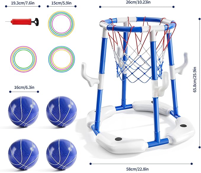 Pool Basketball Hoop for Kids, 2-in-1 Floating Pool Water Play Toys and Ring Game with 4 Balls and Pump, Outdoor Summer Swimming Pool Basketball Games Family Party for Kids Adults (Blue)