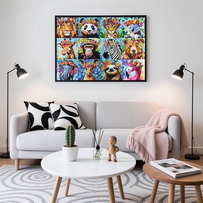 1000 Piece Puzzles for Adults - Colorful Mosaic Wildlife Jigsaw Puzzle, Jungle Animals with Flowers Design Perfect for Family Game Nights