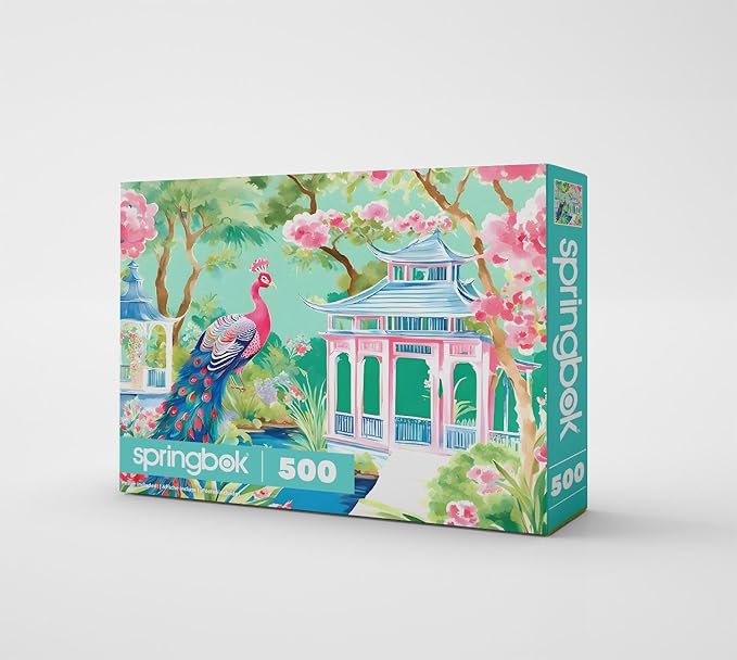 Springbok Pink Peacock Oasis 500 Piece Jigsaw Puzzle for Adults & Family - Poster Now Included - Tropical Garden Art, Vibrant Peacock Illustration - Unique Cut Pieces - Made in USA