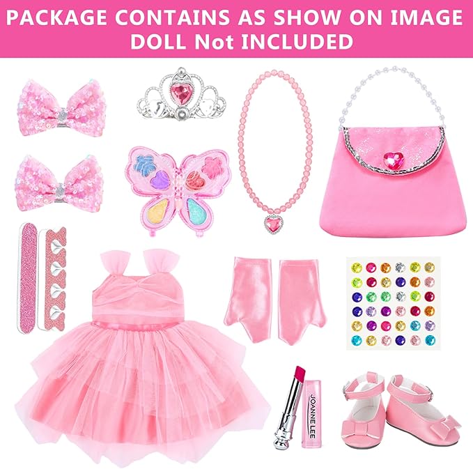 American 18 inch Girl Doll Clothes and Accessories - Princess Dress, Crown, Necklace, Lipstick, Makeup Palette, Nail Kit, Satchel, Gloves, Shoes, Sticky Rhinestones,Hair (No Doll)