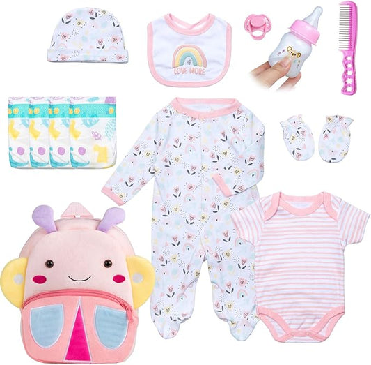 13 Pcs Reborn Baby Dolls Clothes Girl Rainbow and Flowers Outfit Accessories for 17-22 Inch Newborn Baby Doll Girl with Pink Butterfly Backpack