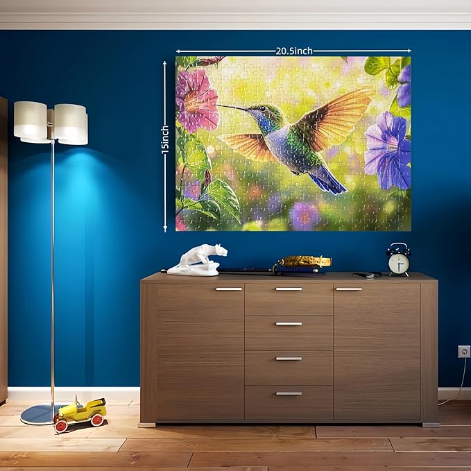 300 Pieces Puzzle for Adults, Spring Hummingbird Flowers Large Pieces Jigsaw Puzzle for Kids Adults, Recycled Paper, Glossy & Sturdy Pieces, Challenging Puzzle & Perfect Family Game, 20.5 x 15 in