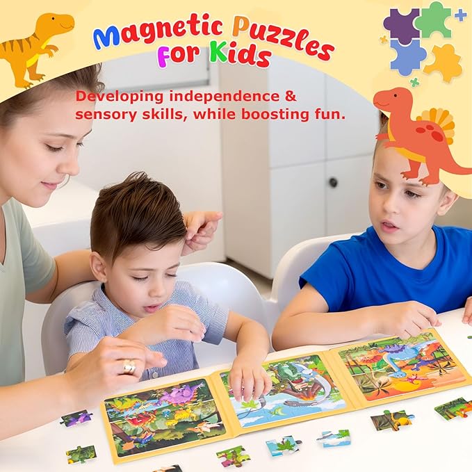 LovesTown Magnetic Puzzles Book for Toddlers, Educational Learning Toys, Dinosaur 48 Piece Travel Activity Set