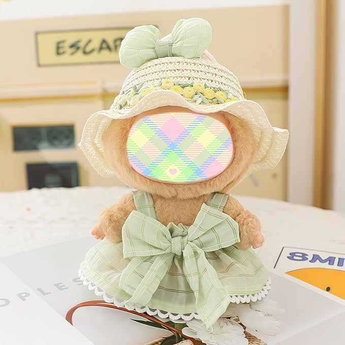 Clothes for Lu bubu 17cm Dolls Accessories (No Doll), Kawaii Hat Skirt Outfit Set 3 Pieces for 17cm Dolls Suit, Stylish Flower Doll Hat Clothing Set Replacement Green