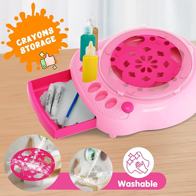 Spin Art Machine for Kids, Paint Spinner Arts and Crafts Kit with 7 Washable Paints & 36 Art Boards, Painting Art Kits for Boys Girls Ages 4 5 6 7 8 9 10 11 12, Birthday Gift Pink