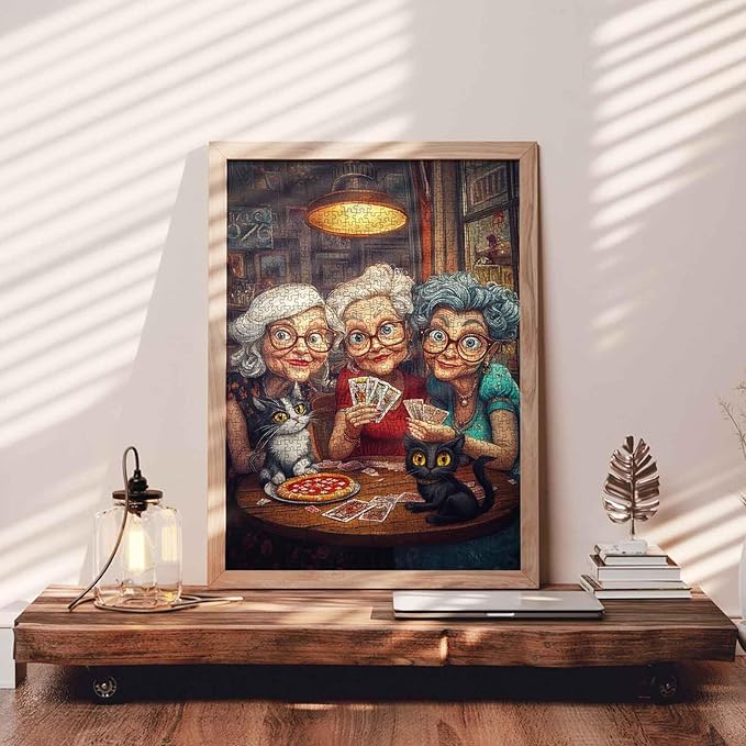 Fashion Old Woman Casino1000 Piece Jigsaw Puzzles for Adults Funny Grandma Playing Poker Jigsaw Puzzle Cute Animal Cat 1000 Pieces Puzzles Game Home Wall Decor Friendship DIY Craft Puzzle Art Gift