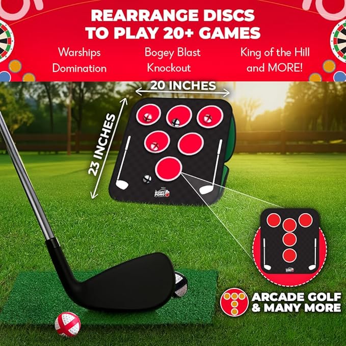 SWOOC Games® – Bogey Pong™ | 3-in-1 Backyard Pong Golf Game Set w/Darts & Tic Tac Toe | Remove Discs for Pong Golf Game Play | Yard Golf Chipping | Backyard Golf Games for Adults, Kids, & Family