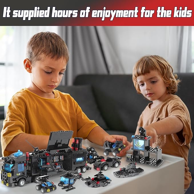 1110 PCS SWAT City Police Set Cop Car Building Set with Helicopter, Boat, Police Station, Mobile Command Center Truck Toys in 25 Different Models, Gifts for 6 Plus Year Old Kids Boys