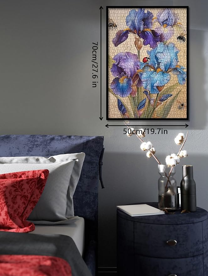 Beautiful Iris Flower Puzzles for Adults 1000 Pieces Spring Nature, Vintage Plant Art Jigsaw Puzzles, Bee Ladybug Floral Landscape Aesthetic Puzzle