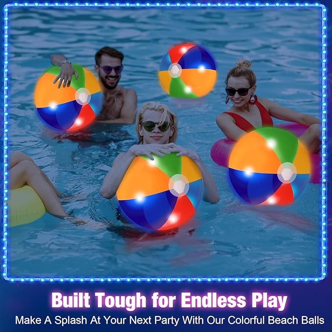 4 Pcs Light up Beach Balls 16'' Jumbo Pool LED Balls Glow in the Dark Neon Giant Inflatable for Summer Hawaiian Tropical Theme Beach Party Decor Water Accessory (Multicolor)