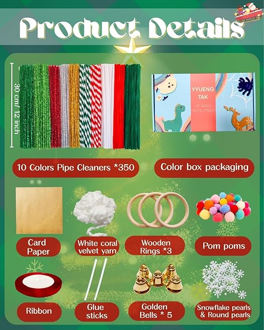 473 Pcs Christmas Pipe Cleaners Craft Set（Various Accessories）,Christmas Craft Kit with Wooden Rings,Card Paper,pom poms,Pearls for DIY Decorations,Christmas Party Supplies & Creative Gift