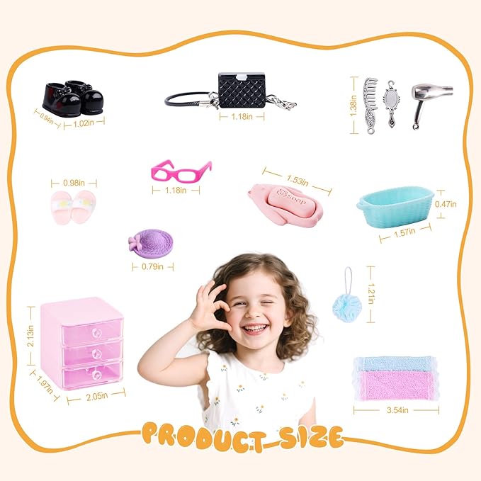 76pcs Miniature Dollhouse Accessories,Dollhouse Bathroom Set with Makeup Set Towel Toothbrush Shampoo Toiletries Set,Miniature Stuff Jewelry Storage Case Perfume Shoes Backpack for Girl Micro Scene