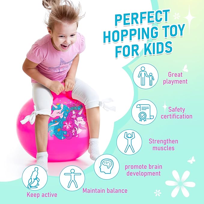 U&C Planet Hopper Ball 20 inches Bouncy Ball with Handle for Kids Age 5 6 7 8 9, Sit on Bounce Jumping Hopping Toy with Pump, Great Toddler Girls Toys for Birthday Gifts, Pink Unicorn