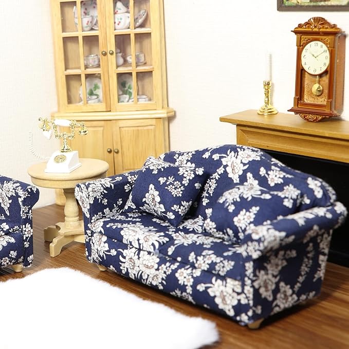 Dollhouse Couch Miniature Sofa with Pillows Dollhouse Living Room Funiture 1:12 Scale Model 3 Pcs High Simulation Upholstered Wooden Fabric Armchair Mini Room Artificial House Scene Decoration (Blue)