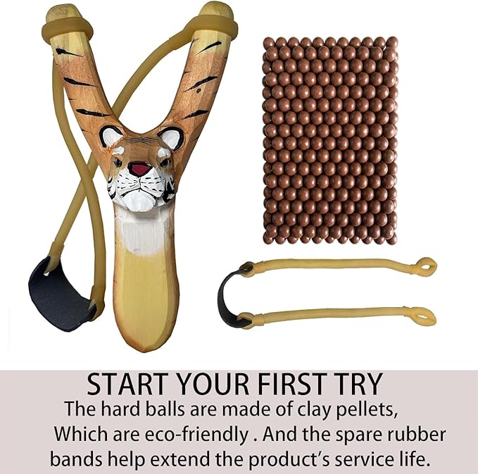 LINJAY Wooden Slingshot for Kids with Tiger Design, Colorful Pom - Poms & Ammo Balls
