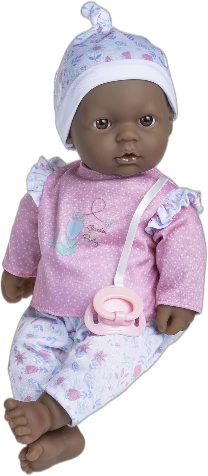JC Toys La Baby African American 16-inch Small Soft Body Baby Doll La Baby | Washable |Removable Pink Floral w/Hat, Pacifier & Magic Bottle | for Children 12 Months +