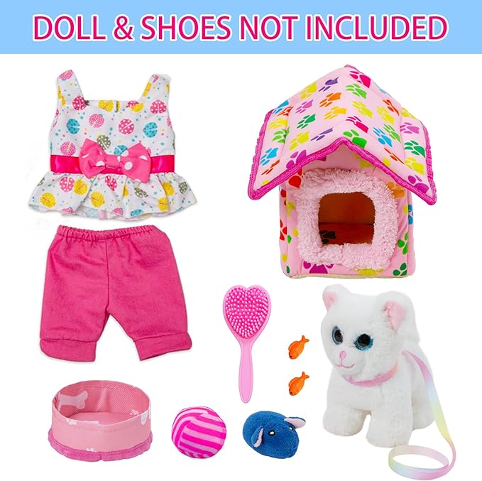 ZNTWEI American Doll Clothes and Accessories - Pet Kitty Play Set fit 18 Inch American Doll Including Pet Nest, Cat Pot, 18 Inch Clothes, Toy Ball, Hair Comb, Toy Fish