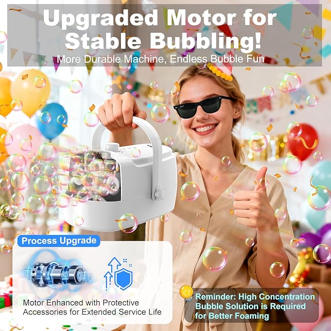 Bubble Machine Durable Automatic Bubble Blower, 18000+ Big Bubbles Per Minute Bubbles for Kids Toddlers Bubble Maker Operated by Plugin or Batteries Bubble Toys for Indoor Outdoor Birthday Party