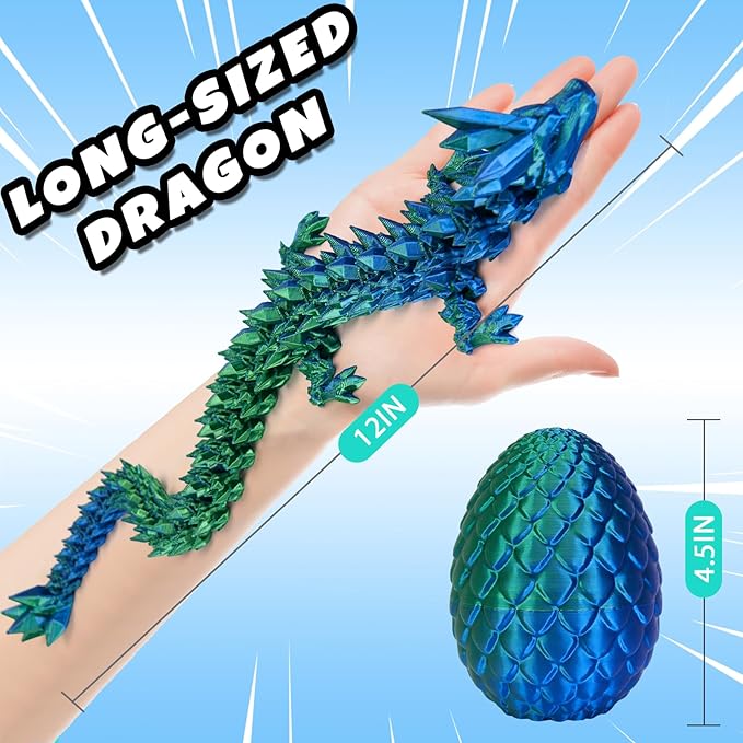 12 in 3D Printed Dragon Egg - Easter Basket Essentials Stuffers, Prefilled Easter Egg Filled with Toy for Kid Boys, Crystal Articulated Dragon Fidget Toys (Laser Green)