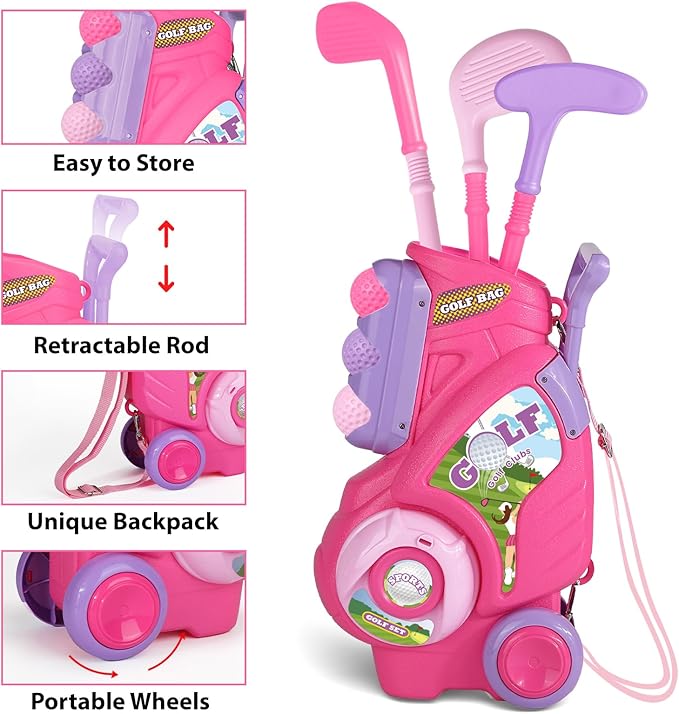 Toddler Golf Set for Boys Girls 1 2 3 4 Years Old, Upgraded Kids Golf Cart with Putting Mat & Cornhole Board, Outdoor Indoor Sports Toys, Pink