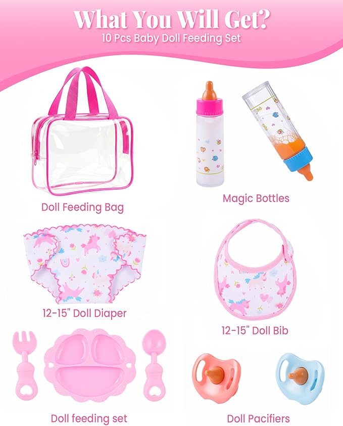 BABESIDE Baby Doll Accessories,10 Pieces Baby Doll Diaper Bag Set with Magic Bottles, Pacifiers, Doll Diaper & Pretend Play Feeding Set for Dolls, Ideal Gift for Kids Age 3+