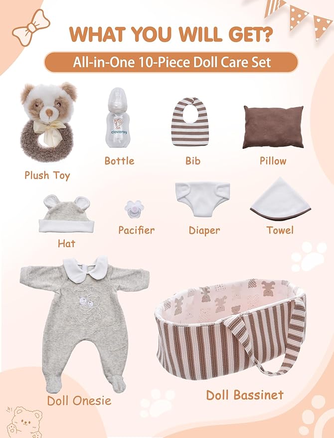 10 Pcs Baby Doll Accessories, Reborn Baby Doll Clothes with Bassinet for 17-22 Inch Realistic Baby Dolls, Pretend Play Outfit Set