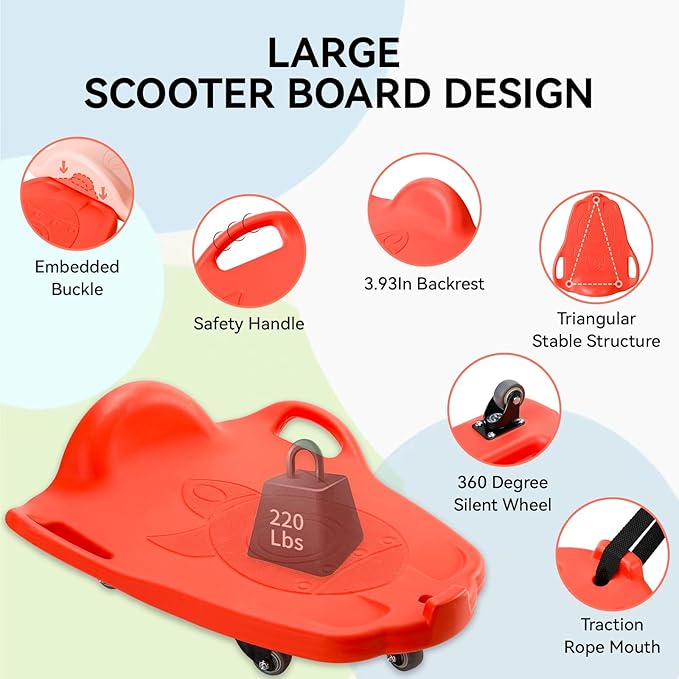 Large Scooter Board for Kids, Plastic Floor Scooter Board with Handles and Buckle, Gym Scooters for Indoor Outdoor Sports,Sensory Training