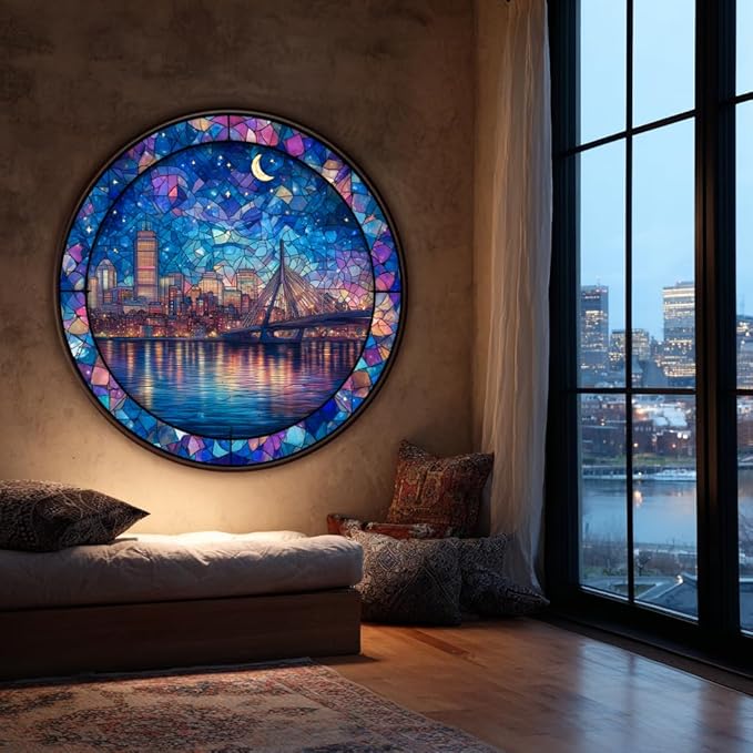 Bgraamiens 1000 Piece Jigsaw Puzzles for Adults – Stained Glass Boston Skyline – Moonlit City View with Bridge and Reflections – Artistic Nighttime Challenge Gift