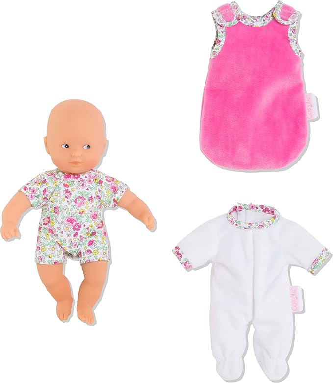 Corolle Mini Calin “Good Night” Blossom Garden - 8" Soft Boy Baby Doll with Vanilla Scent, White and Pink Pajamas, Sleeping Bag & Sleeping Eyes for Girls Ages 18 Months+, Cute Reborn Realistic