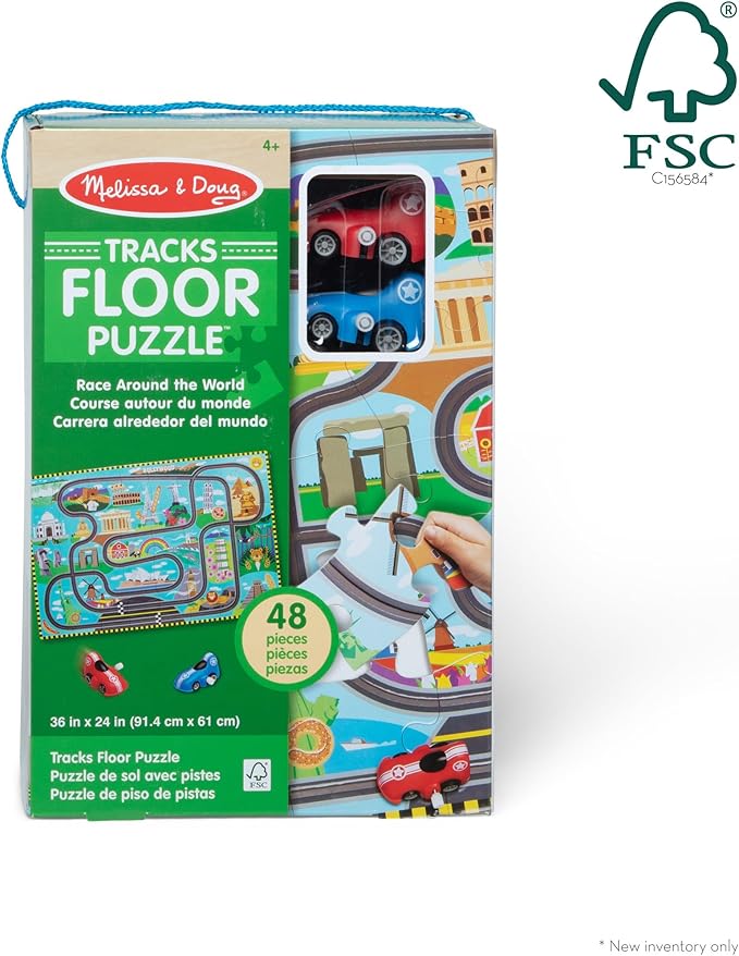 Melissa & Doug Race Around the World Tracks Cardboard Jigsaw Floor Puzzle and Wind-Up Vehicles (48 Pcs) for Preschoolers and Kids Ages 4+