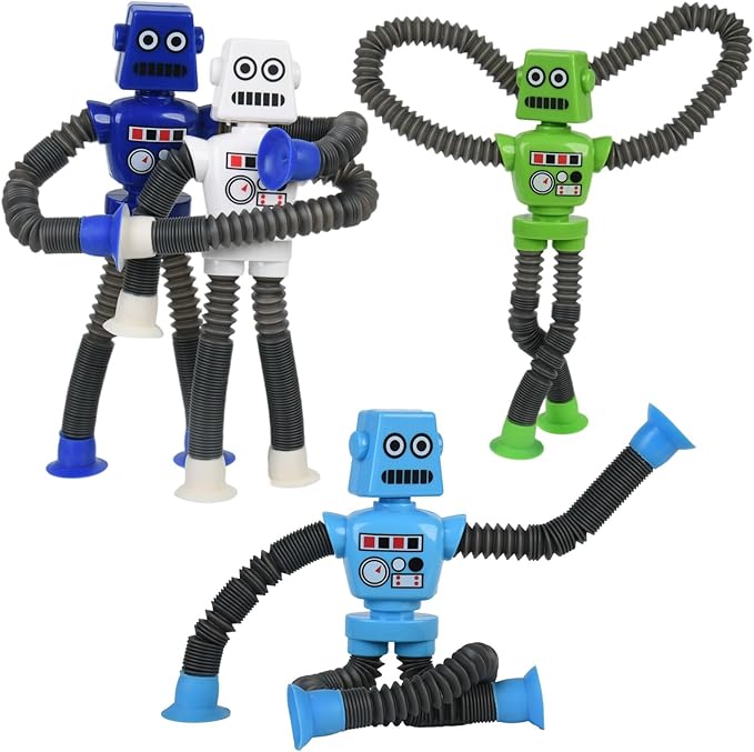 Pop Tubes Fidget Toys, 4-Pack Telescopic Suction Cup Toy for Kids Toddlers, Animal Autism Sensory Toy for Grandkids, Funny Stocking Stuffers for Christmas Birthday Gift (Robot)