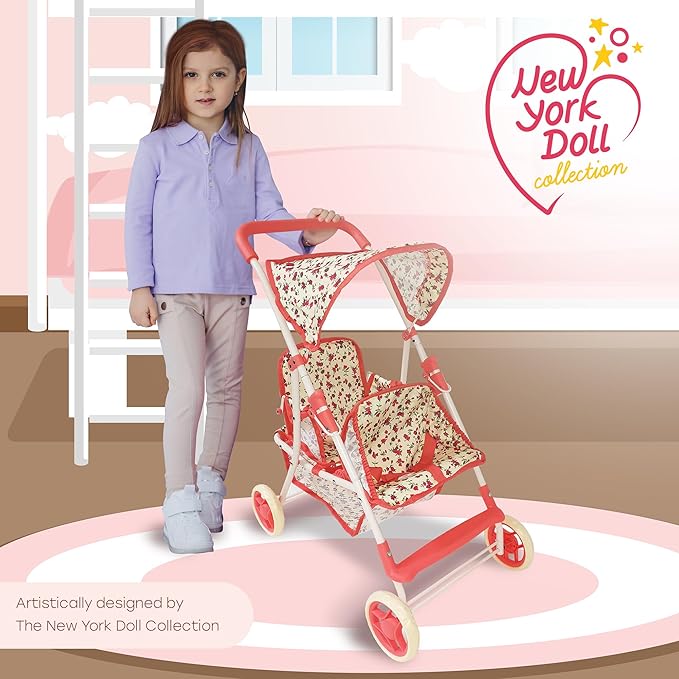 Double Doll Stroller for Twin Dolls & Toddlers - 25' Floral Tandem Play Toy Stroller