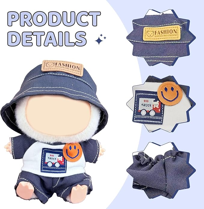 17cm Doll Clothes Set – Designer Blue Shirt Outfit with Hat, T-Shirt & Pants – Fits 17cm Sitting or Standing Dolls (No Doll)