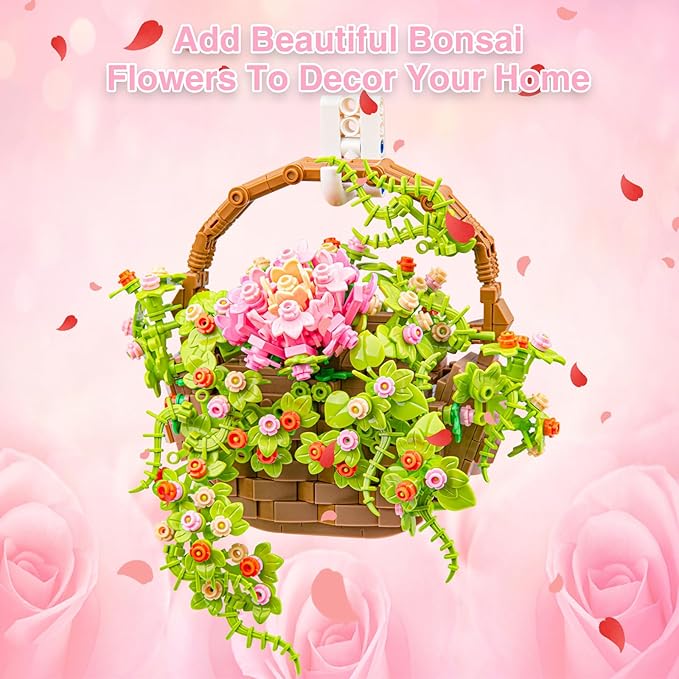 Flower Bouquet Building Set, Flowers Basket Bonsai Plants with Light, Botanical Collection Wall Decor, Creative Building Toy Gift for Adults (691 PCS)