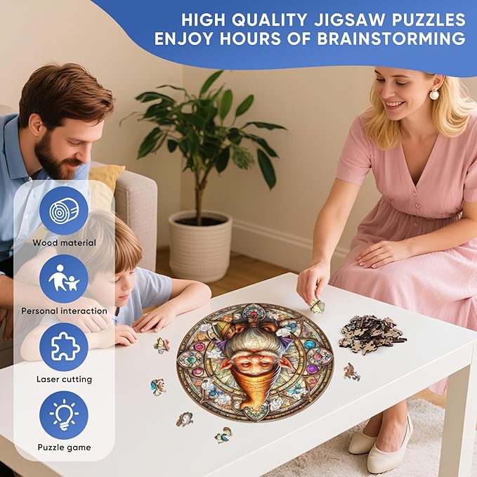 Pikoqunc Gnome Wooden Puzzles for Adults – 200 Piece Round Wood Jigsaw with Unique Shapes, Christmas Holiday Art Puzzle, Premium Gift with Storage Box for Relaxation & Home Décor 11.2x11.2 in