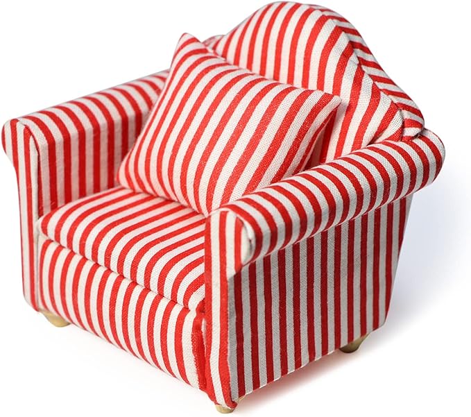 Dollhouse Couch with Pillow 1 12 Scale Miniature Sofa Arm Chair Living Room Furniture Wooden Fabric Frame Single Reading Chair Artificial House Room Scene Decoration (Stripe)