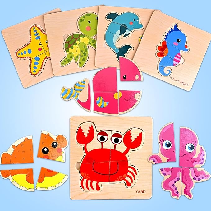 8pcs Wooden Puzzles for Toddlers 1-3, Toddler Puzzles Ages 2-4, Montessori Toys for 1-3+ Years Girl Boy, Sea Animal Puzzle for Kids, Jigsaw Puzzle Educational Toys Preschool for 1-4
