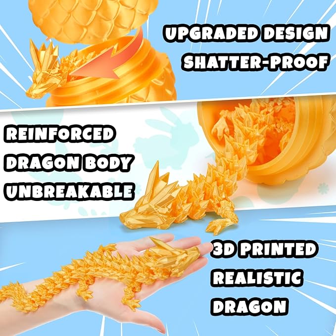 12" 3D Printed Dragon Egg, Mystery Articulated Crystal Dragon Egg Fidget Toys, 3D Print Surprise Animals Toy for Kid Teen Boy Girls (Silk Gold)