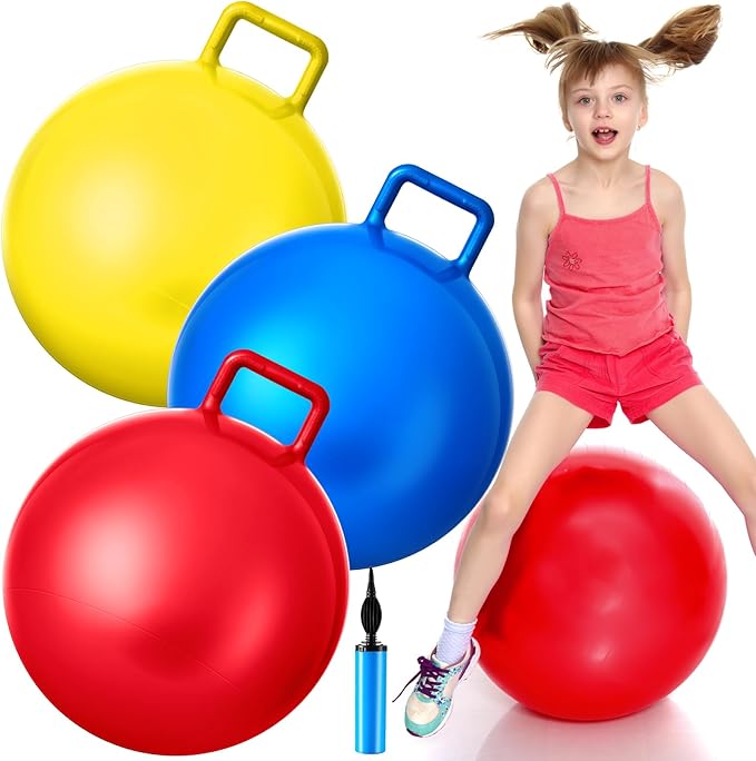 Lewtemi 3 Pcs Hopper Ball Jumping Hopping Ball, Exercise Ball Bouncing Ball with Handle and Air Pump for Outdoors Sports School Games Exercise (22 Inch,Red, Blue, Yellow)