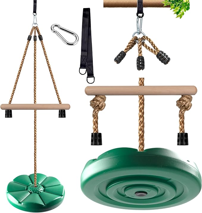 KINSPORY Disc Swing for Kids, Swing Set Accessories, 7FT Height Adjustable Gym Monkey Bars, Hanging Tree Seat for Backyard, Outdoor Play Equipment - Green