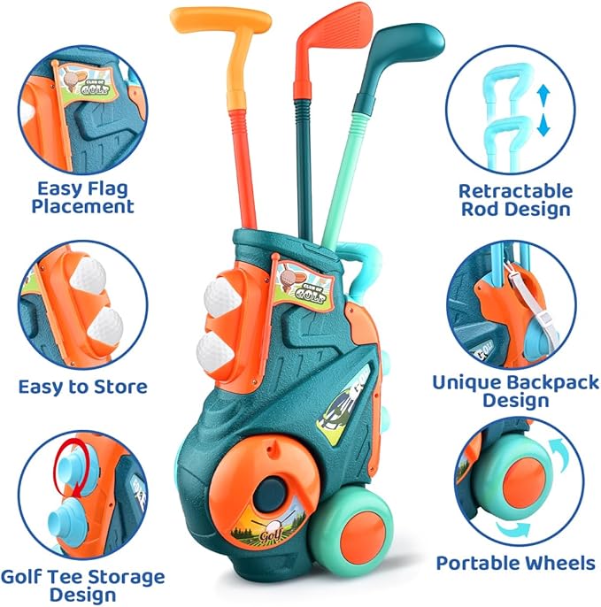 Toddler Golf Set with Putting Mat, Upgraded Kids Golf Cart with Shoulder Strap, Toddler Glove, Plastic Clubs, 10 Balls, Indoor Outdoor Sports Toys Birthday Gift for Boys Girls Aged 3 4 5+ Years Old