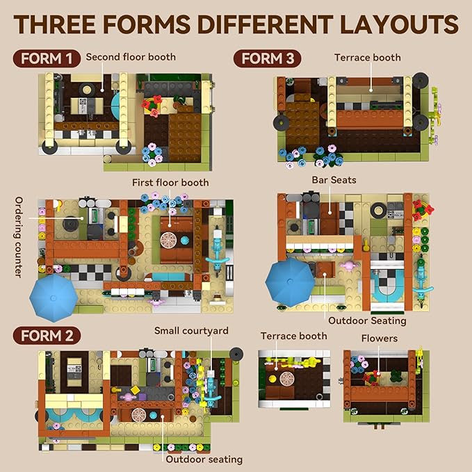 3 in 1 Street View Coffee Shop City Building Set, Compatible with City House Modular Simulation Architecture Construction Toy with LED Lights, Gift for Adults and Girls Kids Aged 8+(875 PCS)