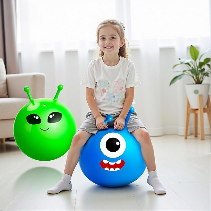 ZOOJOY Hopper Ball 2 Pack, 18In Bouncy Ball with Handle, Alien & Monste Horn Hop Balls Girls Boys Toys for for Sport/School/Team, Inflatable Kids Gifts for 3 4 5 6 7 8 Yr Old for Indoor Outdoor Game